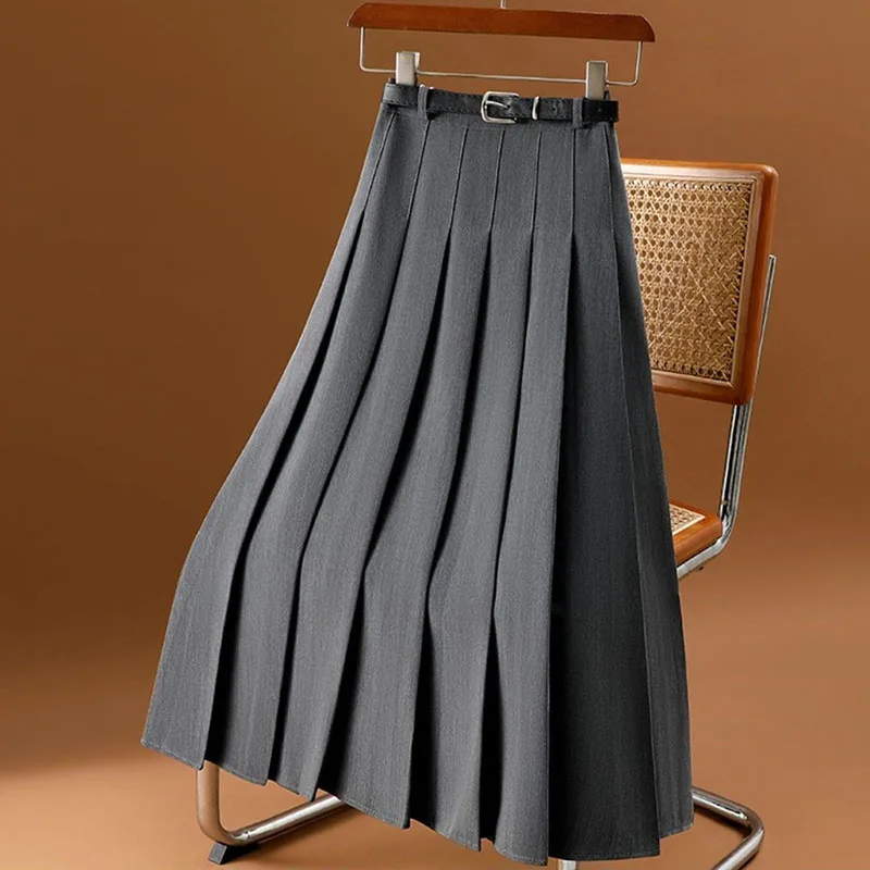 Lucyever All-Match Pleated Skirts Women Autumn Winter High Waist A-Line Folds Skirts Female Korean Fashion with Belt Midi Skirts 1