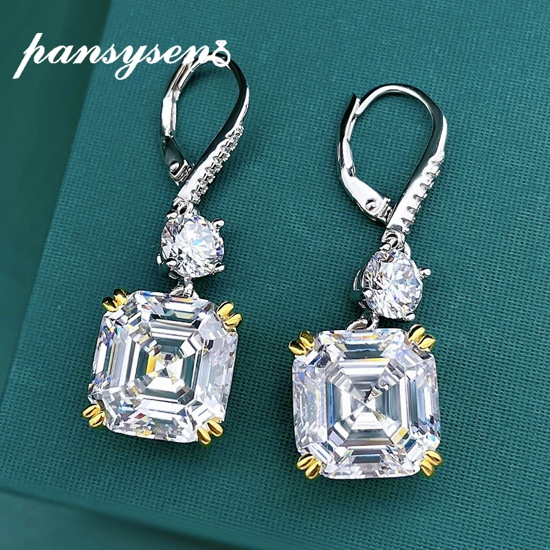 

PANSYSEN 925 Sterling Silver 12MM Asscher Cut Aquamarine High Carbon Diamond Gemstone Dangle Drop Earrings Wedding Fine Jewelry