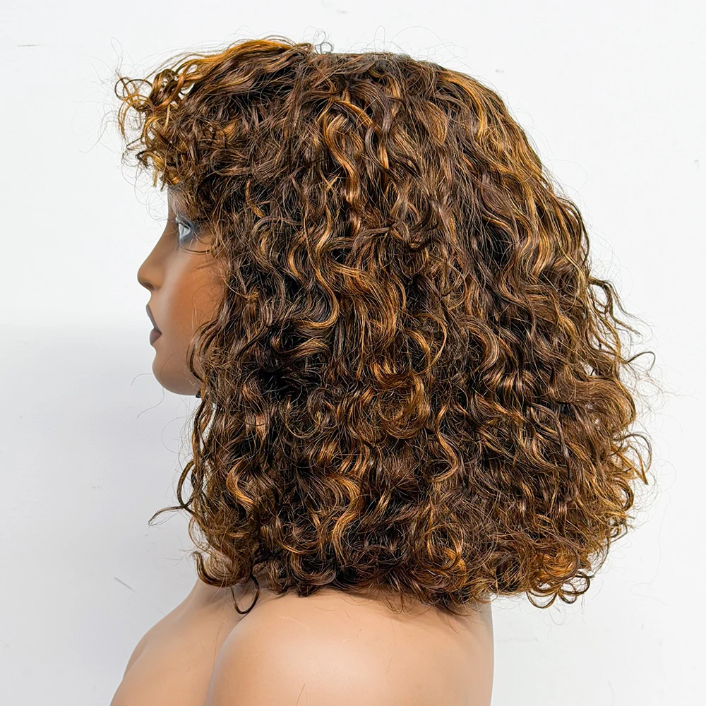 Water Wave Human Hair Wig with Bang 230% Density Double Drawn Glusless Wig Full Machine Made Short Bob Wig For Black Women