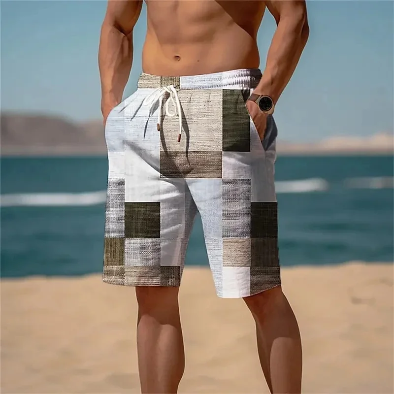 3D Printed Color Block Beach Shorts Men Colorful Plaid Pattern Short Pants Summer Hawaiian Casual Sports Quick Dry Swim Trunks 3