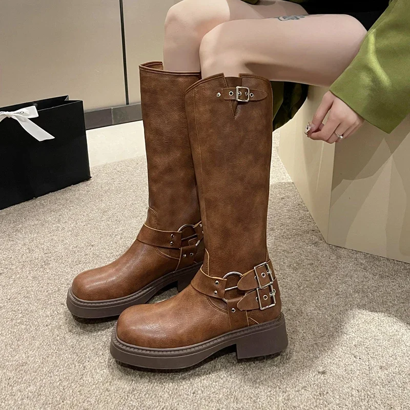 

Fashion Belt Buckle Gothic Boots for Women Brown Thick Heels Knee High Combat Boots Woman Plus Size 42 Punk Long Botas Female