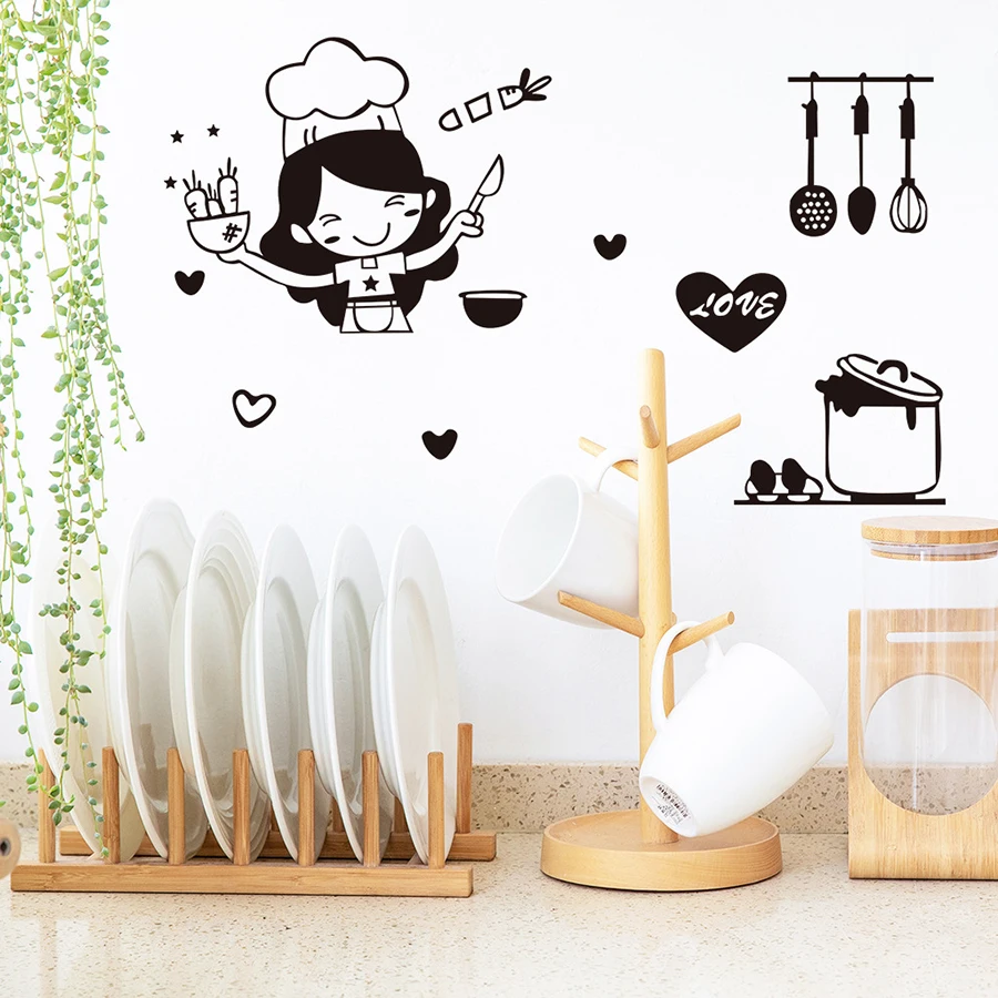 Happy Girl Chef Wandsticker, Kochthema-Dekoration für Restaurant, Bar, Küche, Esszimmer, Kühlschrank, Lichtschalter, DIY-Kunst, Heimdekoration – Detail 5