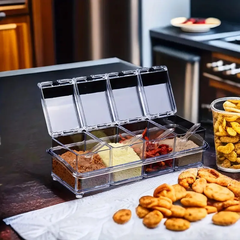 4 Spice Transparent Seasoning Box Jars Condiment Containers with Lids Sugar Pepper Acrylic Spice Storage Box Kitchen Accessories