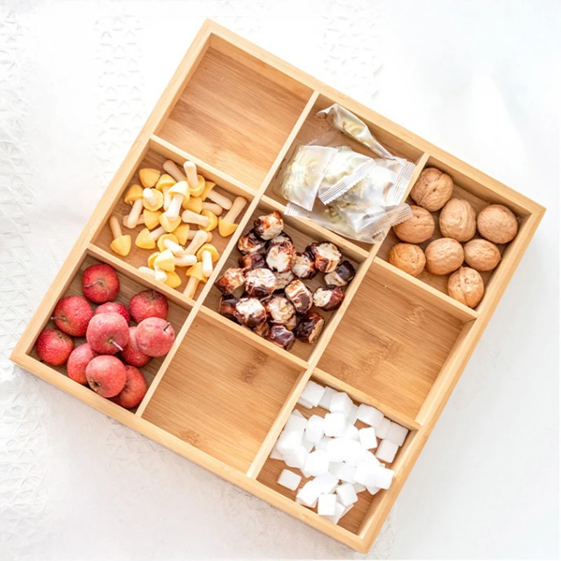 Hot selling Rectangular 6-compartment food tray & square 9 grid wood tableware snack plate sauce platter hot pot restaurant tray 6