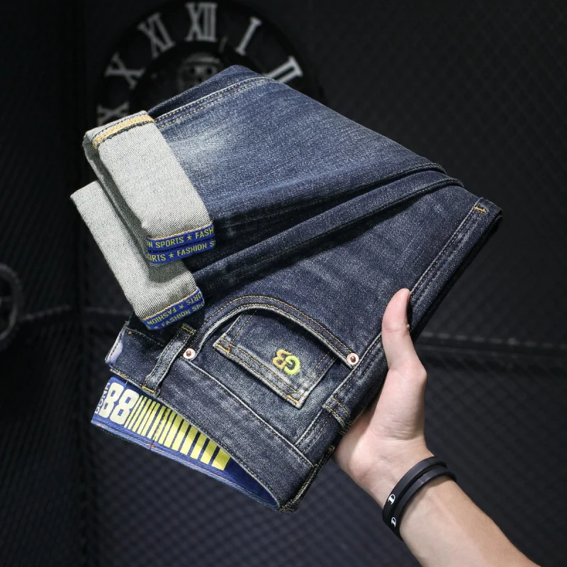 Heavy-Duty Washed High-End Jeans Men's 2024 Spring and Autumn New Retro Distressed Stretch Slim-Fitting Small Straight Trousers