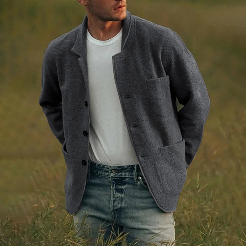 2023 Spring Autumn New Fashion Solid Color Turn-down Collar Long Sleeve Button Jacket Man Pocket Loose Casual All-match Coat