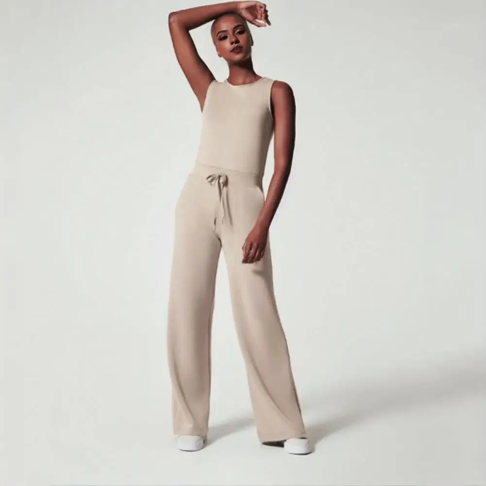 

Solid Color Jumpsuit Stylish Women's Summer Jumpsuit with Drawstring Waist Wide Leg for Sports Commuting Daily Wear Women
