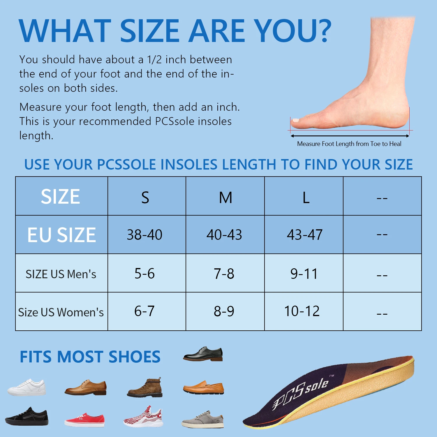 PCSsole 3/4 Length Orthotic Shoe Inserts for Flat Feet ,Plantar Fasciitis, Heel Spur ,Heel Pain,Arch Support Memory Foam Insoles