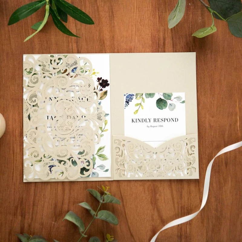 10 pieces Laser Cut Love Heart Wedding Invitation with Thank You Card Personalized Tri-fold Pocket Birthday XV Invitations IC136