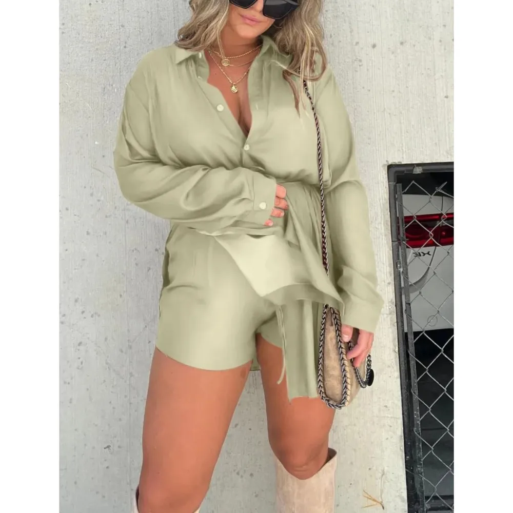 2024 Spring New Solid Shirt Jumpsuits Women Loose Casual Long Sleeve Lapel Lace-up Shorts Party Jumpsuit Fashion Women Clothes