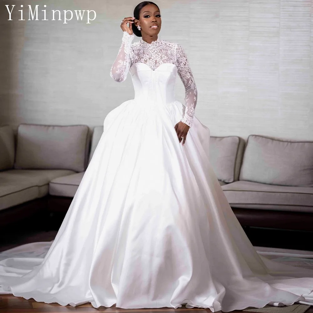 

Royal Ball Gown Wedding Dresses for Bride 2023 High Neck Long Sleeve Court Train Lace Draped Church Bridal Gowns robes de mariee