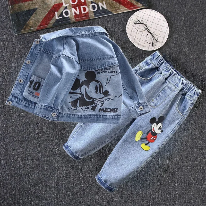 

Джинсовая куртка для маленьких мальчиков, джинсовая куртка с мультяшным Микки Маусом, прямые джинсовые брюки, детская модная одежда, весна-осень 2024