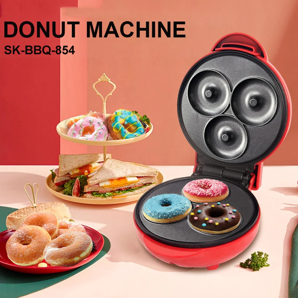 

220V Mini Donut Makers 550W Non-Stick Coated Red Doughnut Machine For Children Kids Snacks Desserts Breakfast Makes 3 Donuts