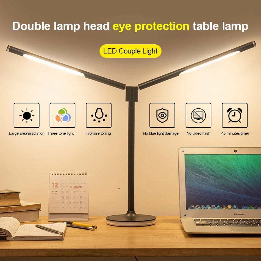 Double Head LED Desk Lamp Eye-protection USB Charging Adjustable Dimmable Night Light Double Swing Desk Reading Table Lamp