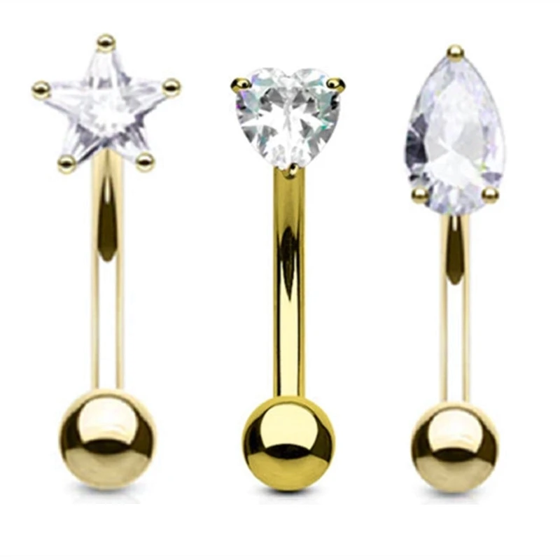 Elegant Heart Crystal Curved Barbell & CZ Star Eyebrow Ring Set - 3-Piece Collection
