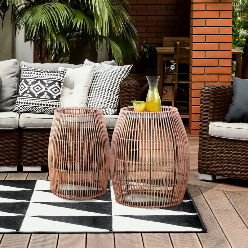 

Round Outdoor Patio Bamboo Side Table with Iron , Brown