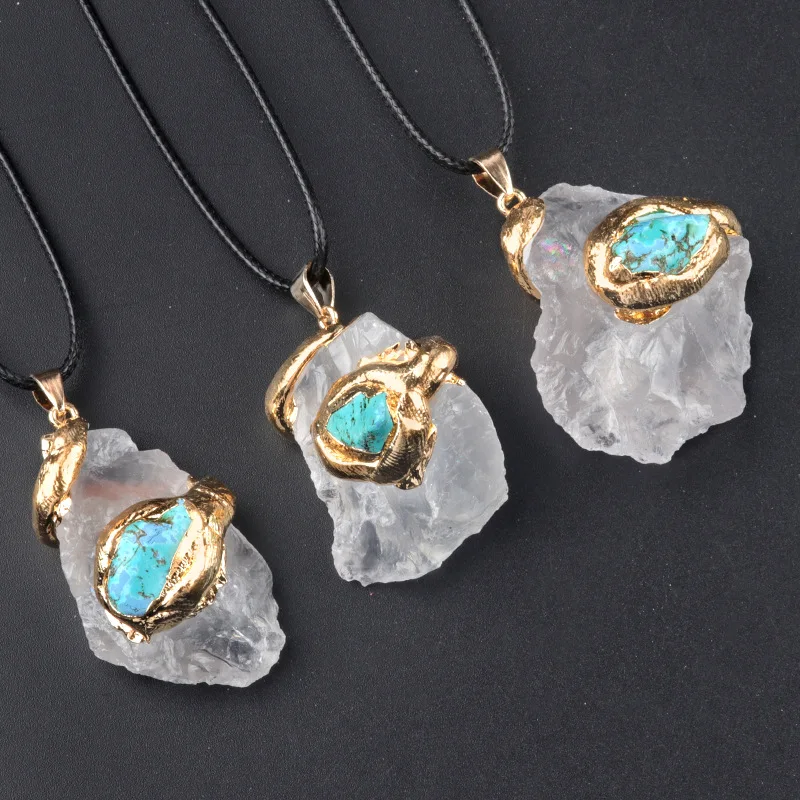 Closeup of irregular shaped rose quartz pendant
