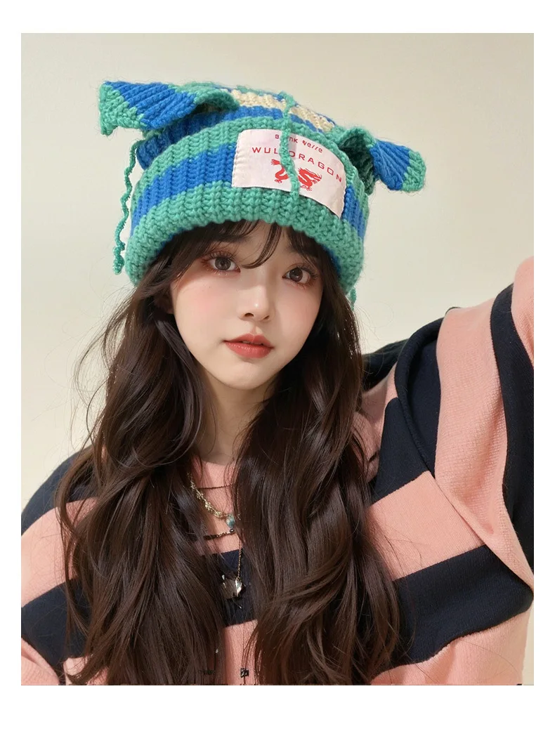 Loverboy Cat Ear Knit Hat Double-layer Warm Pig Ear Woolen