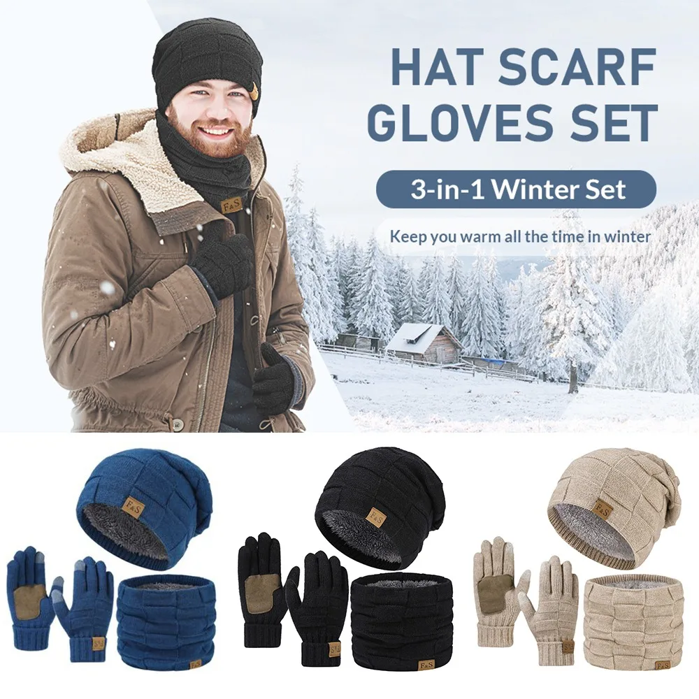 Hat Scarf and Gloves Set 3 in 1 Mens Winter Warm
