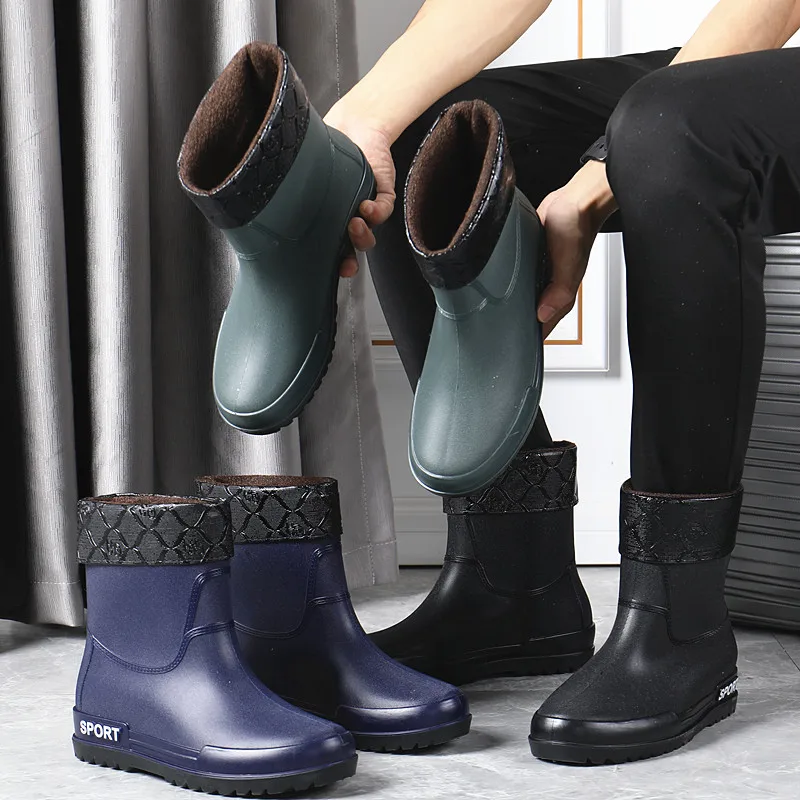Women's Autumn Winter Rain Boos Short Tube Removable Plush Rain Shoe Wearable Rain Shoe Two Sunny Weather Shoe Pastoral Overshoe