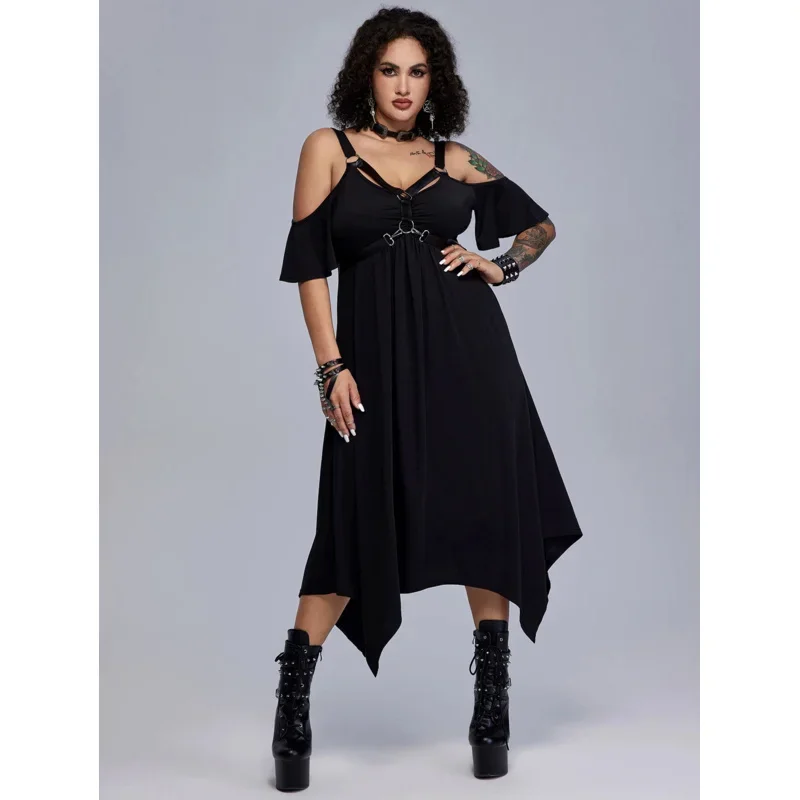 

ROSEAGL Plus Size Gothic New Dresses Black PU Leather Strap Rings Cold Shoulder Dress Summer Asymmetrical Ankle-Length Vestidos