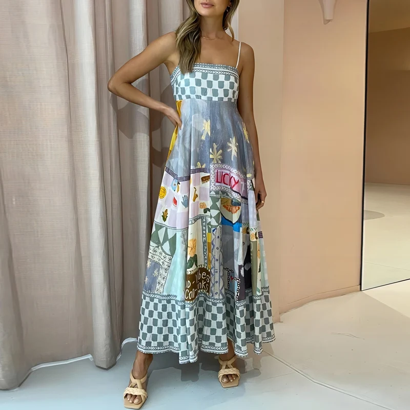 

Fashion Graffiti Printed Strap Sexy Dress Elegant Sleeveless Women Loose Hem Long Dress Casual Backless Lady Boho Beach Dresses