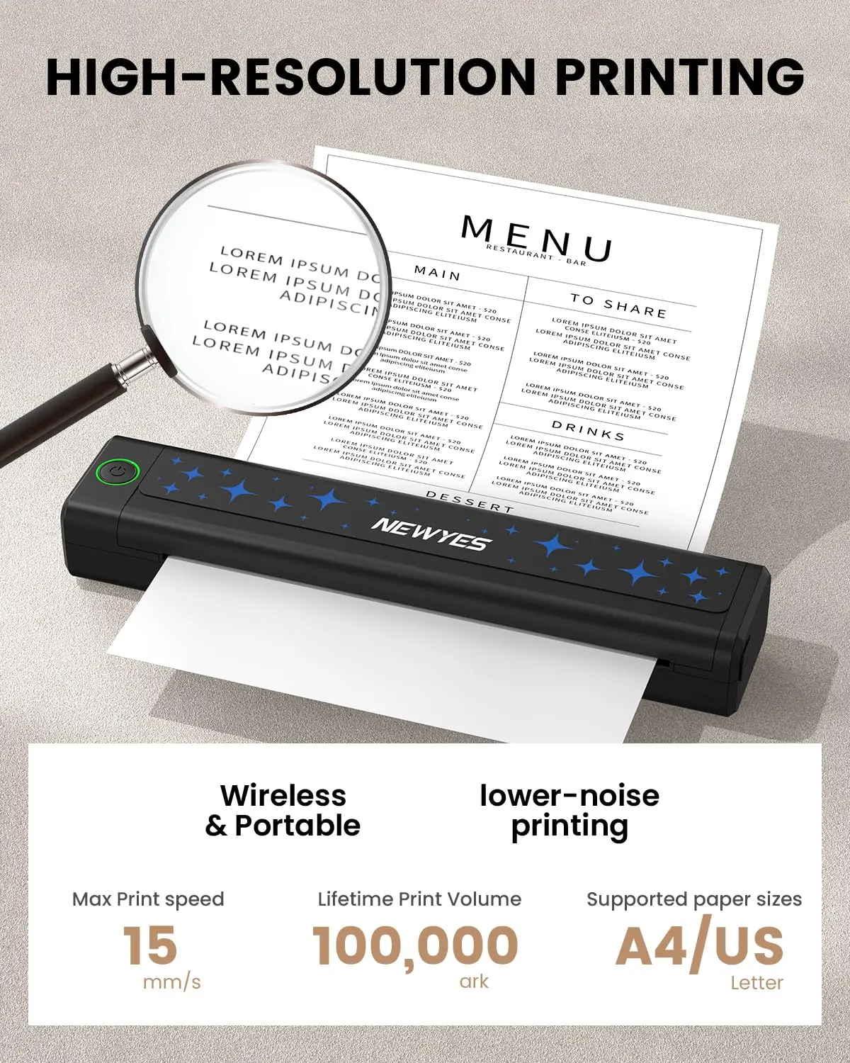 NEWYES 휴대용 무선 감열 프린터 잉크리스 프린터 비즈니스 여행 가정 교육용