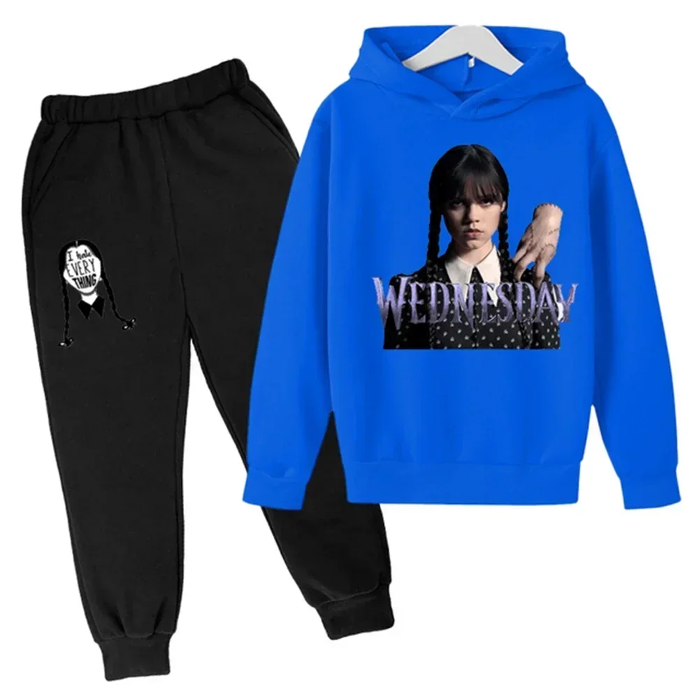 thumbnail image 1 of Nueva sudadera con capucha y pantalones de primavera y otoño de Wednesday Addams para niños, 2 piezas, trajes de 2 a 14 años, ropa de calle para niños y niñas, ropa de bebé para niños, 1 of 5