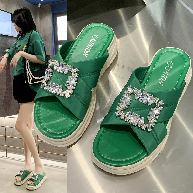 

2022 rhinestone sexy sandals platform crystal high heels casual summer wedge sandals women's thick-soled slippers for outer wear
