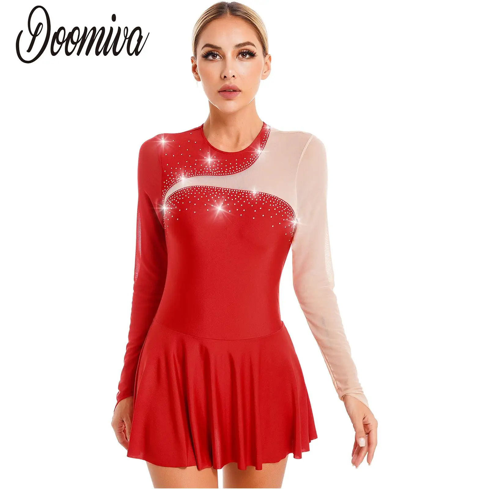 

Women's Shiny Figure Skating Dress Competition Costume Mesh Long Sleeves Leotard Gymnastic Ballet Suit Roller Ice Skater Dress