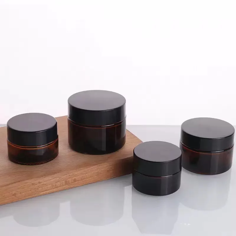 20X 5/10/15/20/30/50/100G Empty Amber glass cream jar Bottle Box cosmetic container Cosmetic black lid glass bottle Storage Jars 4