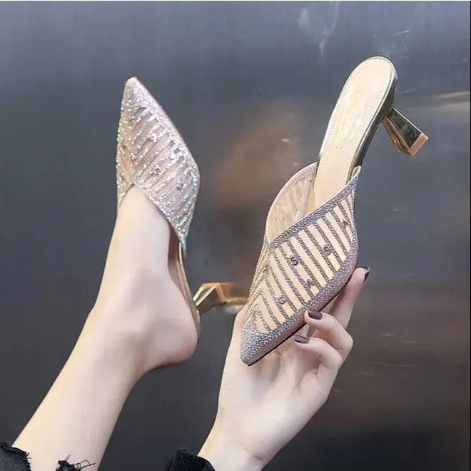 

New Fashion Summer Mesh Slippers Women Pointed Slides Spike Heels Beige Mules Shoes High Heels