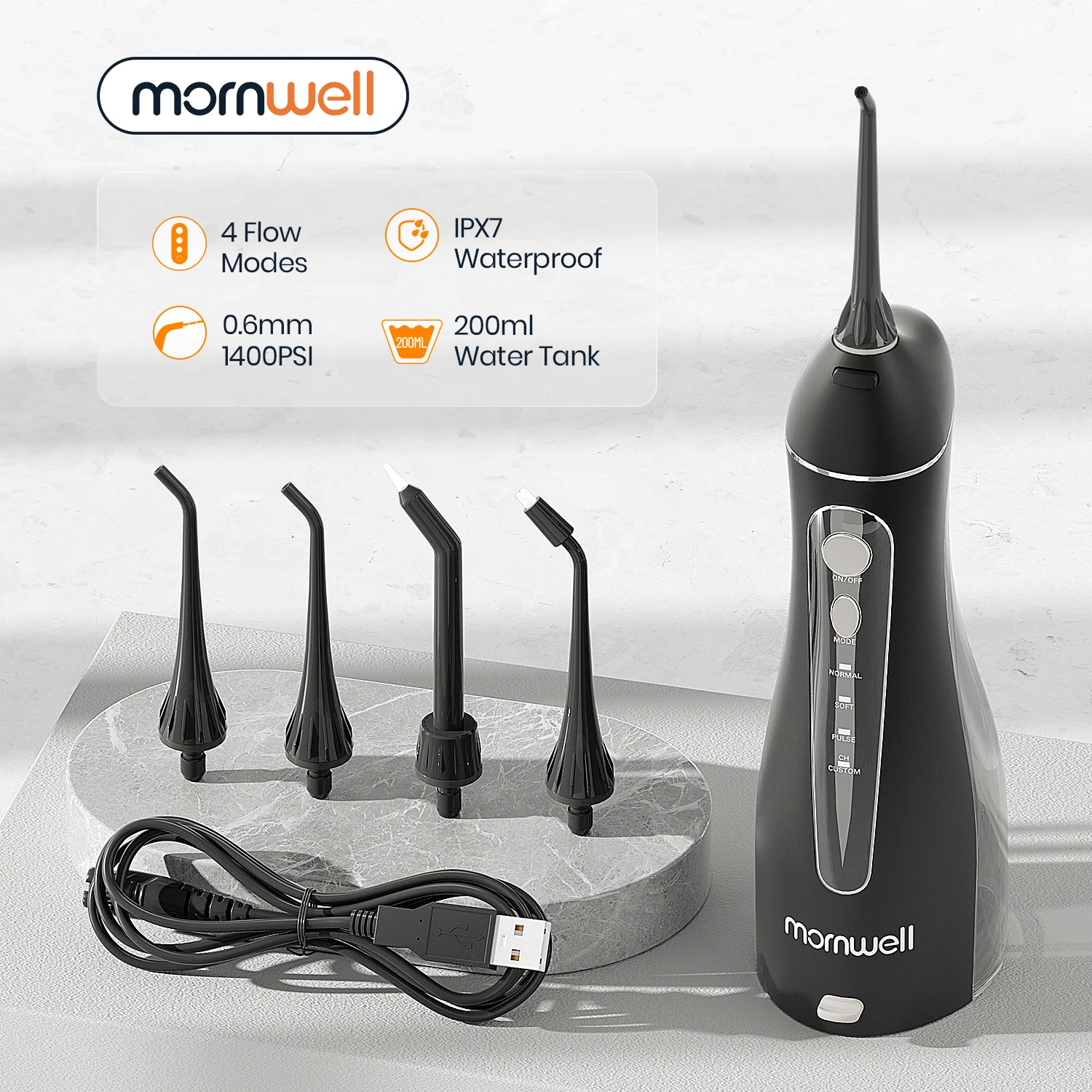 Mornwell Portable Oral Irrigator With Travel Bag Water Flosser USB Rechargeable 5 Nozzles Water Jet 200ml Water Tank Waterproof water flosser usb rechargeable oral irrigator jet 200ml water tank travel portable dental water waterproof teeth cleaner