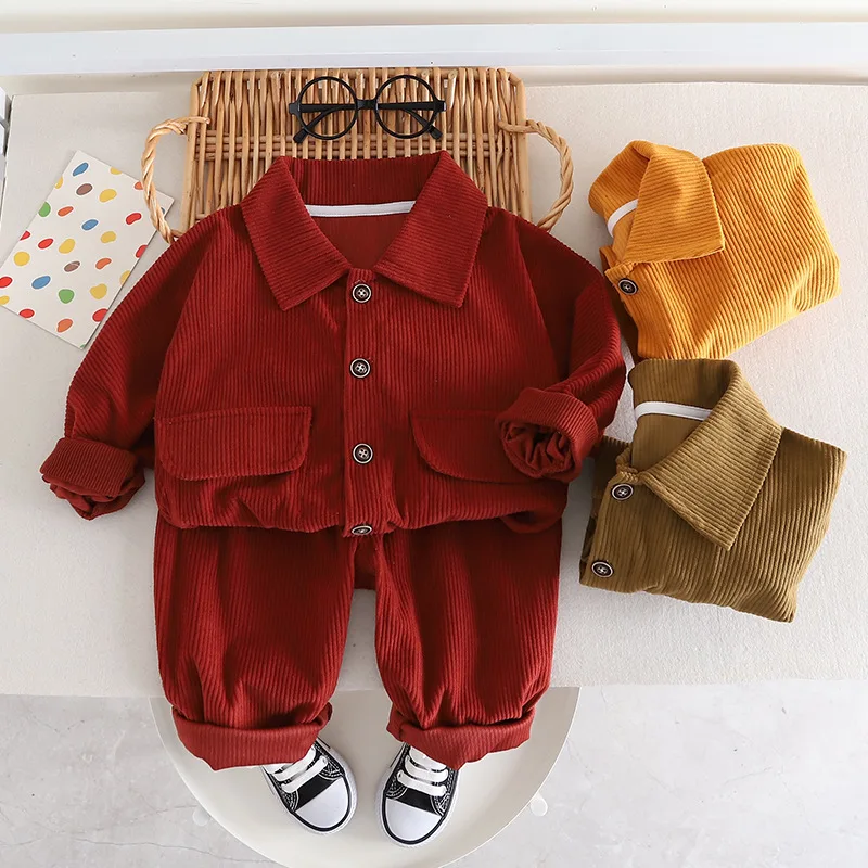 

Baby Girl And Boy Corduroy Clothes Suit Button Long Sleeve Coat With Trousers 2Pcs Toddler Children Cargo Handsome Pants Outfits