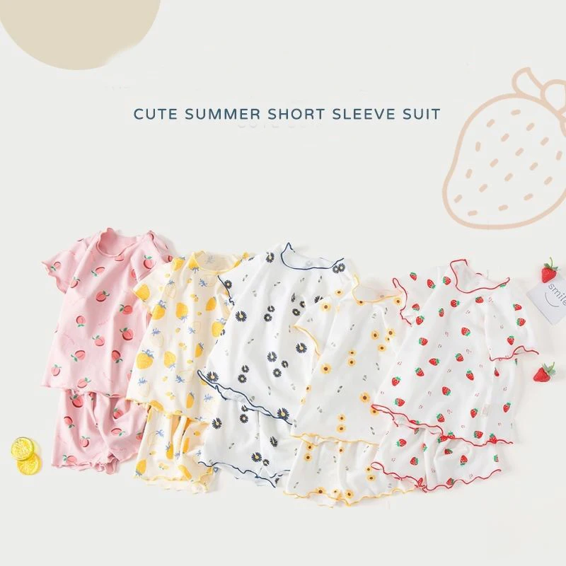 Baby Girls Floral Clothes Full Print T-shirts Shorts Pajamas Set Toddler Loungewear Children Sleepwear Nightgown Pijama Infantil