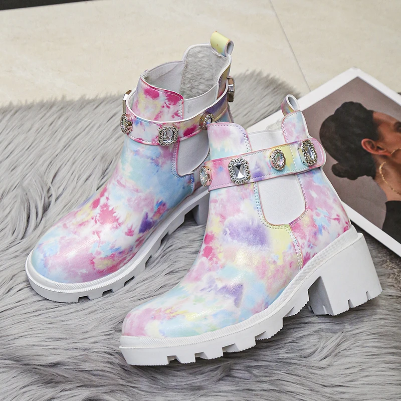 

New Women High Heel Ankle Boots Crystal Rhinestone Slip on Platform PU Leather Women's Booties Spring Autumn Females Footwear