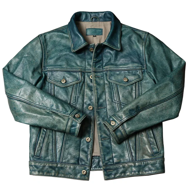 Free shipping.CC.Men Vintage 507 style leather jacket.Light Blue Retro