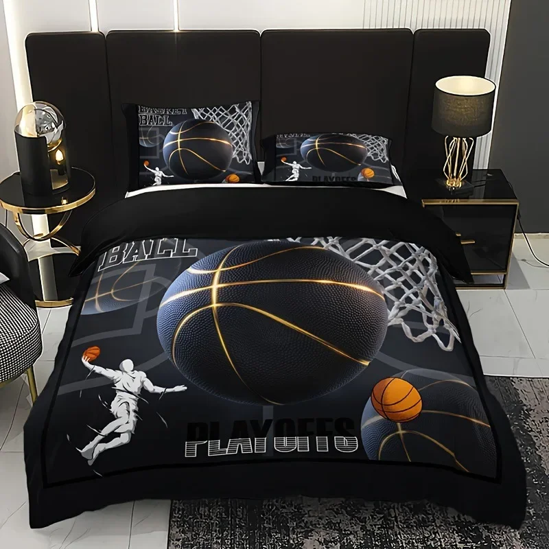 Basketball Comforter Cover Queen Size Sport Dunk Basketball Duvet Covers For Kids Teens, Black Ball Print Bedding Set All Season