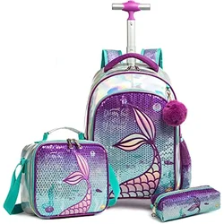 BIKAB Mermaid Rolling Backpack for Gilrs Backpacks with Wheels for Elementary School Bag Trolley Trips Luggage with Lunch Box