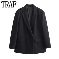 TRAF Black Oversize Blazer Women Double Breasted Office Casual Blazer Woman Elegant Womens Jackets Long Sleeve Autumn Jacket