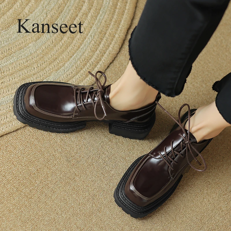 

Kanseet Platform Loafers 2023 Autumn New Square Toe Genuine Leather Shoes Women Causal Lace Up Handmade Low Heels Lady Footwear