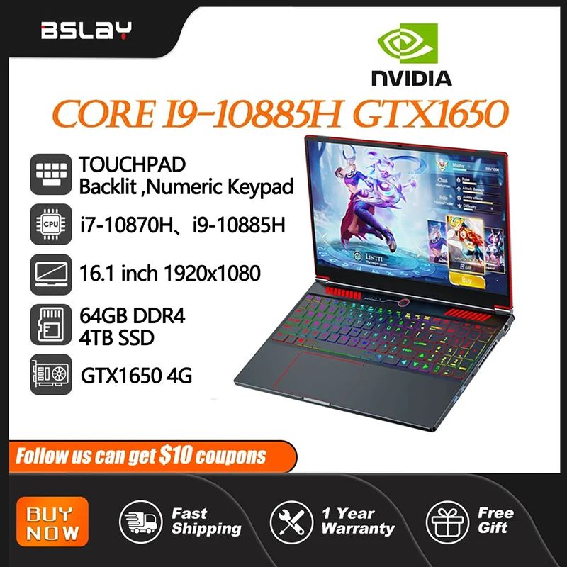 

Gaming Laptop 16.1 inch Intel Core i9-10885H GTX1650 4G Windows 11 64GB DDR4 4TB SSD HD Camera 4.8GHz 5GWiFi Portable Netbook