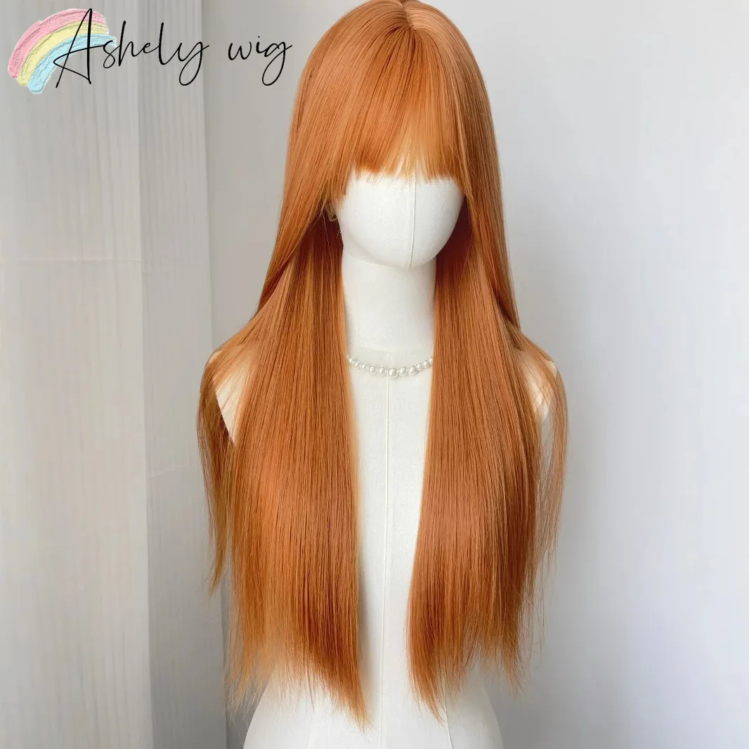 Ashely Orange Soda Wig for Women with Straight Bangs Orange Hair Wigs Natural and Fashionable Full Wig Headband Synthetic Wigs