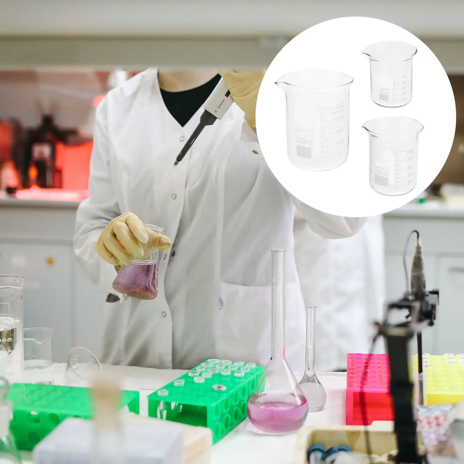 실험실 실험을 위한 스파우트 그라데이션 스케일이 있는 3Pcs 고급 유리 측정 비커 화학 교육 과학 연구