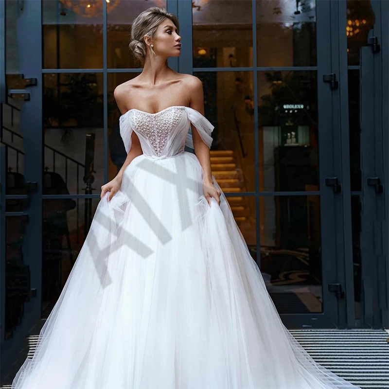 

Modern Wedding Dresses Pearls Bow Belt Pleat Vestidos De Novia Ball Off The Shoulder Woman Luxury Robe de mariee Illusion