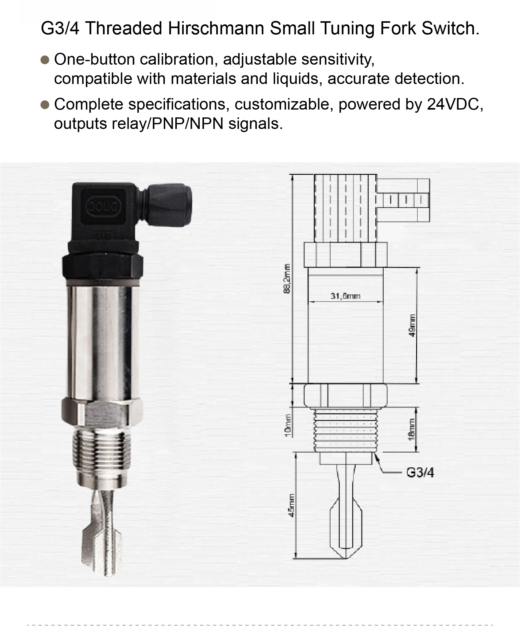 Relay Output Stainless Steel Tuning Fork Level Switch Sensor for Industrial Pipe