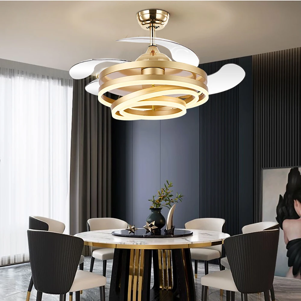 Ceiling Fans Modern Intelligent LED Hanging Lampara with 4 Retractable Blades Led Light With Remote Control Dimmable for Bedroom