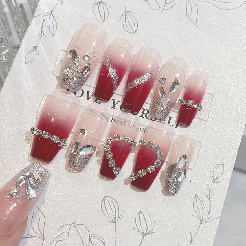 10pcs 3D Brick Red Camellia Heart Rhinestone Translucent Reusable Gradient  Glitter Handmade Press On Nails (M) 