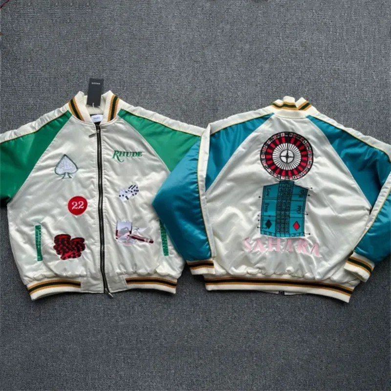 

Rhude Warm Bomb Fashion Jacket Men 1:1 Rhude Women Patchwork Coat Baseball Zip Embroidered Jackets Mens Clothing kanye