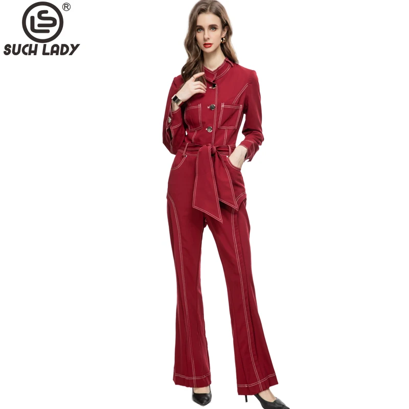 Women's Runway Jumpsuits& Rompers Stand Collar Long Sleeves Lace Up Bow High Street Fashion Designer Pants 2022 oversize cloak winter faux fur collar women plaid designer poncho female batwing sleeves warm loose street coat